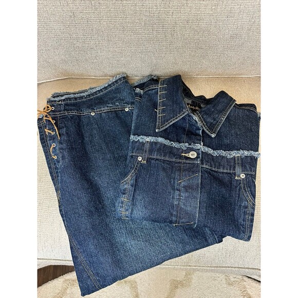 ASHLEY STEWART Denim 2 Piece Women's Jacket Button Down Matching Skirt Set 14 16 - Picture 1 of 16